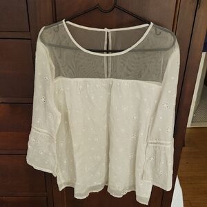White 3/4 Sleeve Blouse with Sheer Mesh Detail